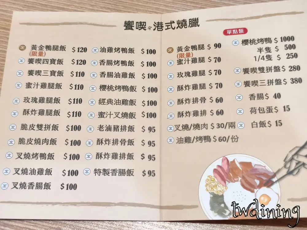 台中 (taichung) 饗喫 (xiang-chi) 燒臘菜單，涵蓋黃金鴨腿飯與四寶飯等經典 Hong Kong Cuisine 價目表。