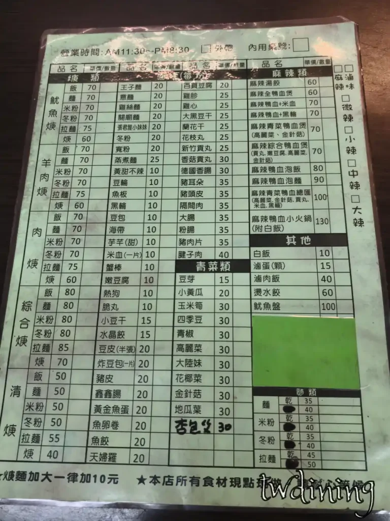 這張 detailed menu 展示了 北海魷魚焿 的豐富品項與 affordable price，包含各式焿麵與 spicy stew，方便客人在 taichung beiping road 用餐前參考這份完整菜單資訊。